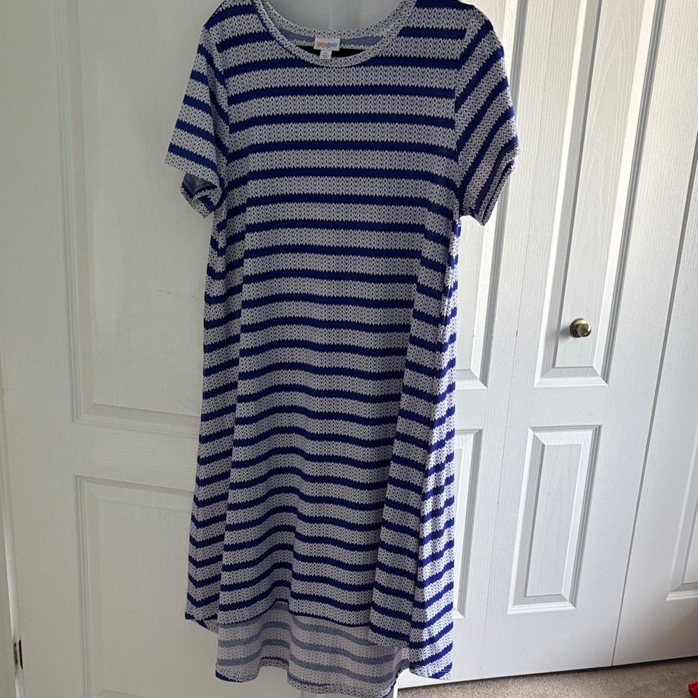 LuLaRoe Carly Blue and White Striped Dress EUC worn once